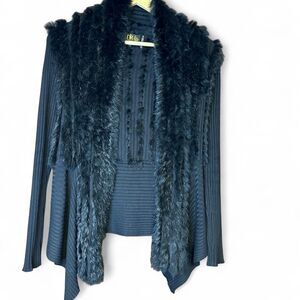 Black Rabbit Fur Vested Open Cardigan with Ribbed Details
